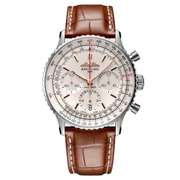 Montre Breitling Navitimer automatique B01 Chronographe cadran argent bracelet cuir marron 41 mm AB0139211G1P1