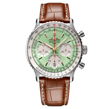 Breitling Navitimer automatic watch B01 Chronograph mint green dial brown leather strap 41 mm AB0139211L1P1