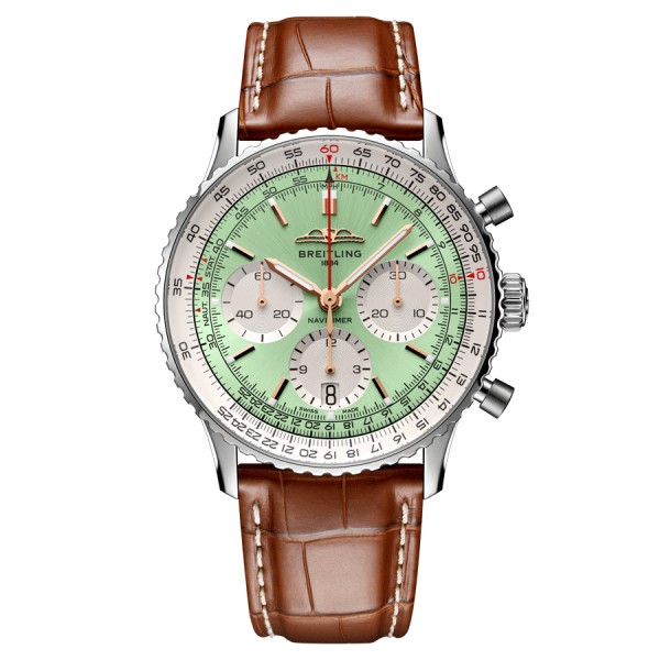 Breitling Navitimer automatic watch B01 Chronograph mint green dial brown leather strap 41 mm AB0139211L1P1