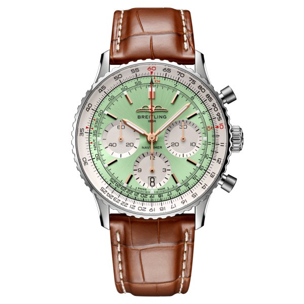 Montre Breitling Navitimer automatique B01 Chronographe cadran vert menthe bracelet cuir marron 41 mm AB0139211L1P1