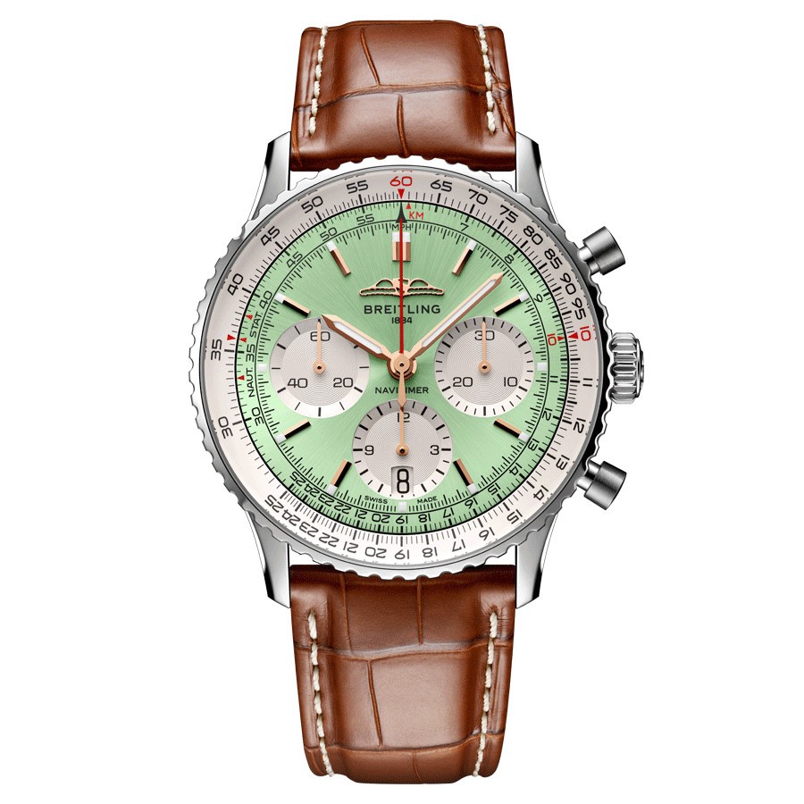 Breitling Navitimer automatic watch B01 Chronograph mint green dial brown leather strap 41 mm AB0139211L1P1