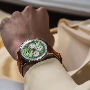 Breitling Navitimer automatic watch B01 Chronograph mint green dial brown leather strap 41 mm AB0139211L1P1