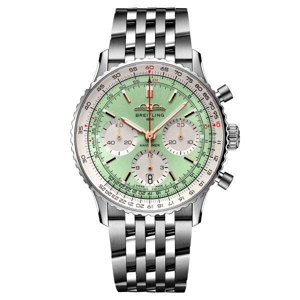 Breitling Navitimer automatic watch B01 Chronograph mint green dial steel bracelet 41 mm AB0139211L1A1