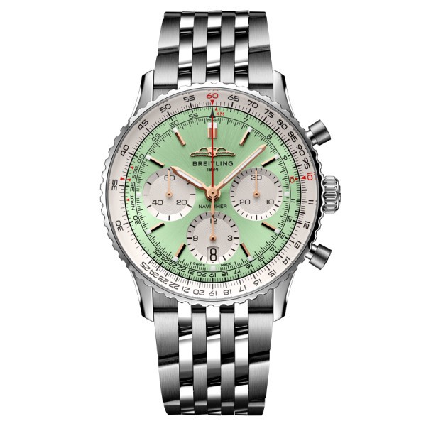 Montre Breitling Navitimer automatique B01 Chronographe cadran vert menthe bracelet acier 41 mm AB0139211L1A1