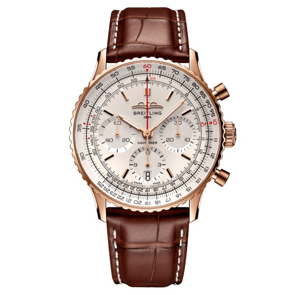 Breitling Navitimer automatic watch Rose Gold B01 Chronograph silver dial brown leather strap 41 mm RB0139211G1P1