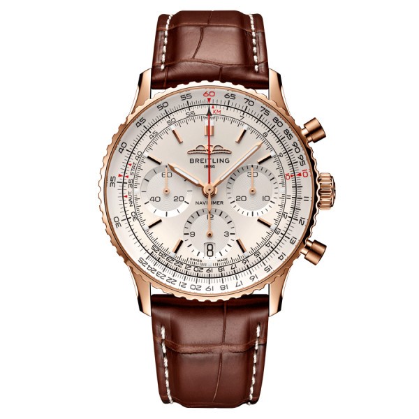 Montre Breitling Navitimer automatique Or Rose B01 Chronographe cadran argent bracelet cuir marron 41 mm RB0139211G1P1