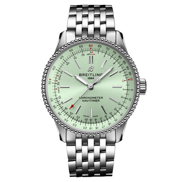 Breitling Navitimer automatic watch mint green dial steel bracelet 35 mm A17395361L1A1