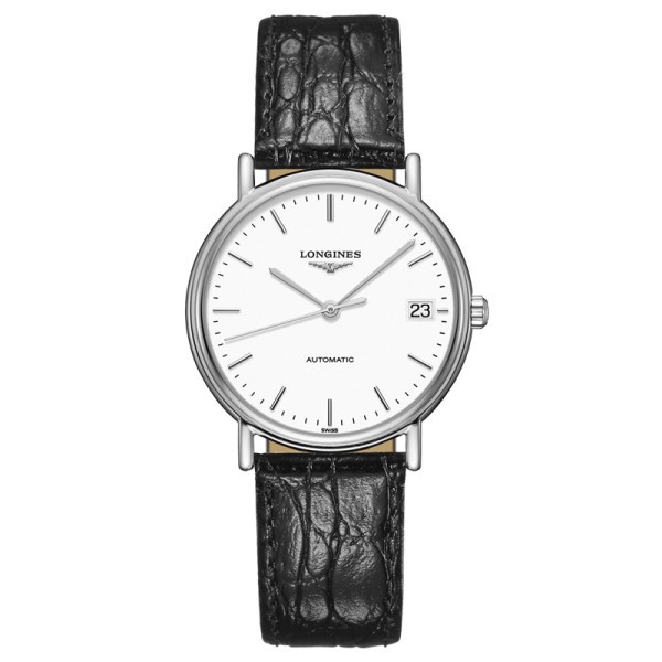 Montre Longines Présence automatique cadran blanc bracelet cuir façon croco noir 34,5 mm - SOLDAT PL