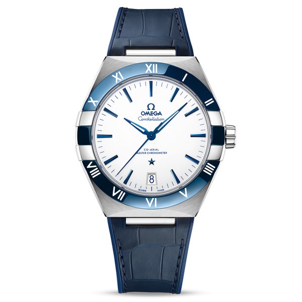 Montre Omega Constellation Co-Axial Master Chronometer cadran blanc bracelet cuir bleu 41 mm