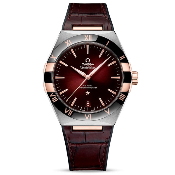 Omega Constellation Co-Axial Master Chronometer Gold & Steel watch burgundy dial leather strap 41 mm