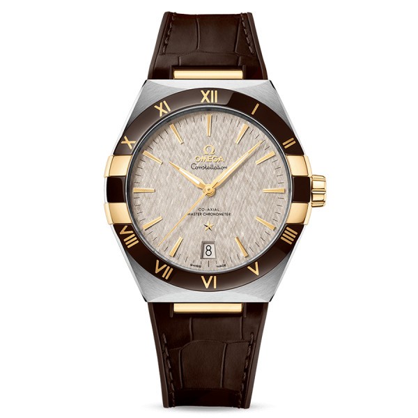 Montre Omega Constellation Co-Axial Master Chronometer Or & Acier cadran gris bracelet cuir 41 mm