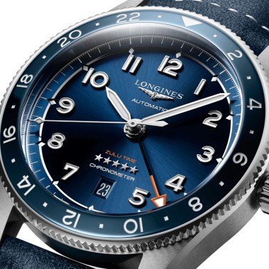 Montre Longines Spirit Zulu Time automatique cadran bleu bracelet cuir bleu 42 mm