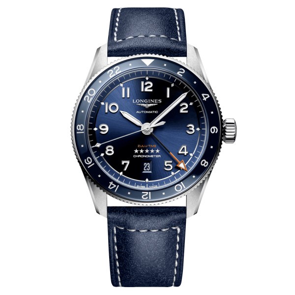 Montre Longines Spirit Zulu Time automatique cadran bleu bracelet cuir bleu 42 mm