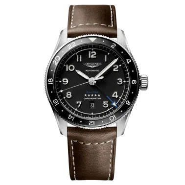 Longines Spirit Zulu Time automatic watch black dial brown leather strap 42 mm L3.812.4.53.2