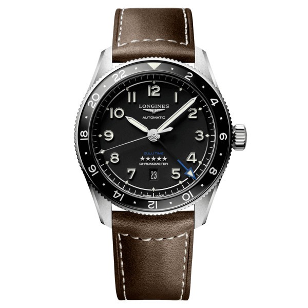 Longines Spirit Zulu Time automatic watch black dial brown leather strap 42 mm L3.812.4.53.2