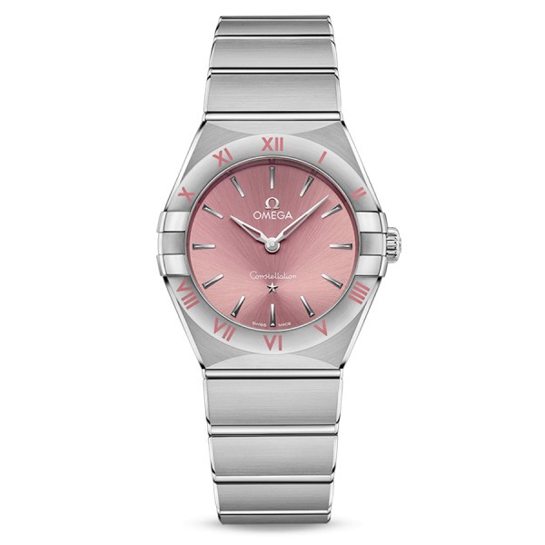 Montre Omega Constellation Quartz cadran rose bracelet acier 28 mm