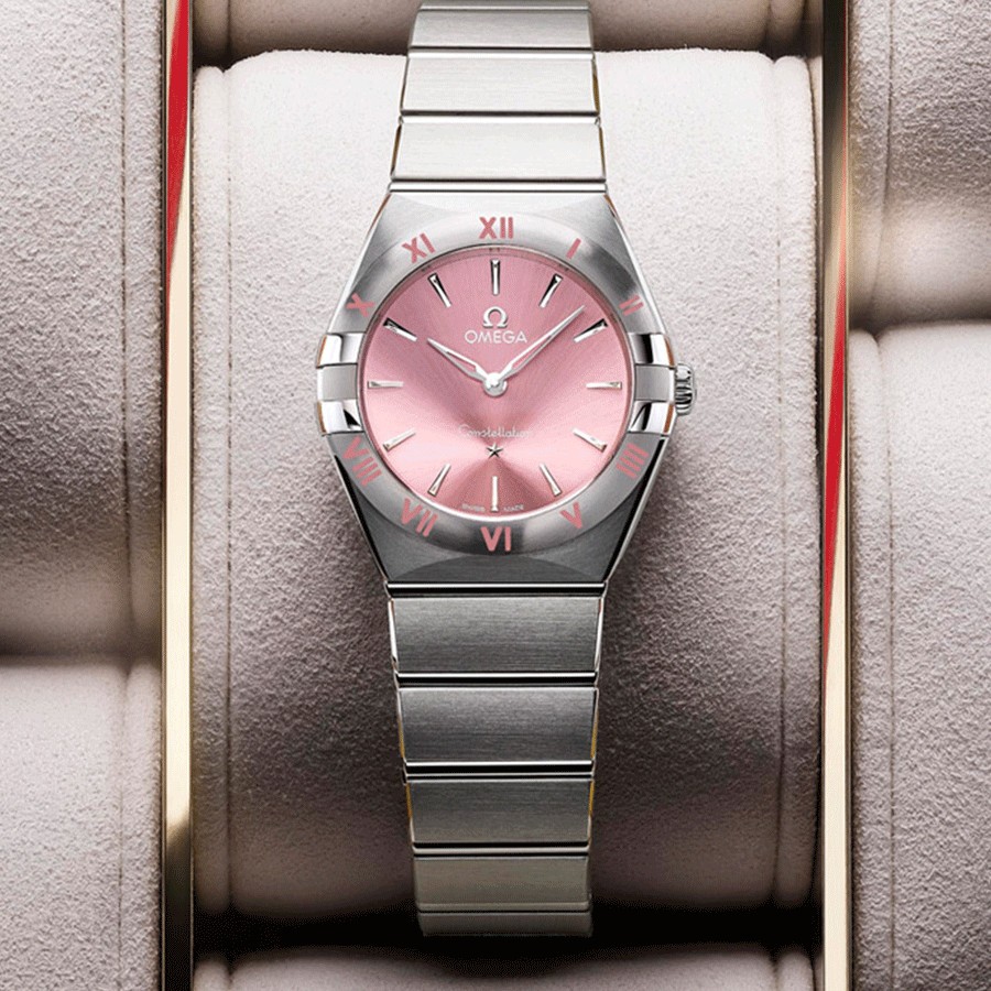 Omega Constellation Quartz pink dial watch steel bracelet 28 mm
