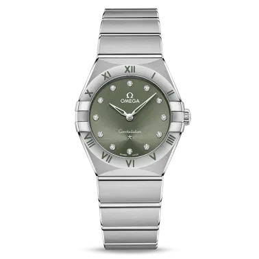 Montre Omega Constellation Quartz cadran vert index diamants bracelet acier 28 mm