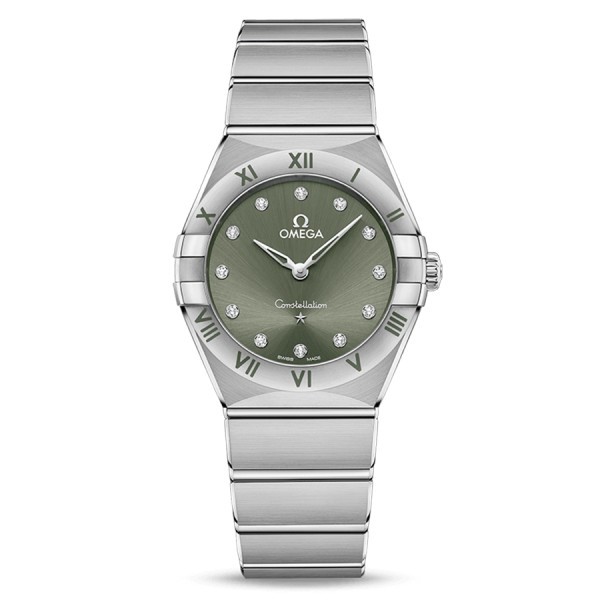 Montre Omega Constellation Quartz cadran vert index diamants bracelet acier 28 mm
