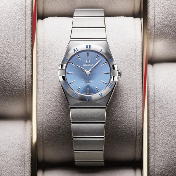 Montre Omega Constellation Quartz cadran bleu bracelet acier 28 mm