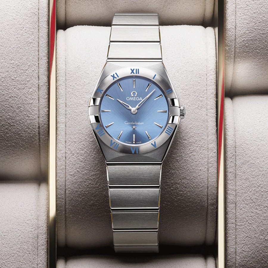 Montre Omega Constellation Quartz cadran bleu bracelet acier 28 mm