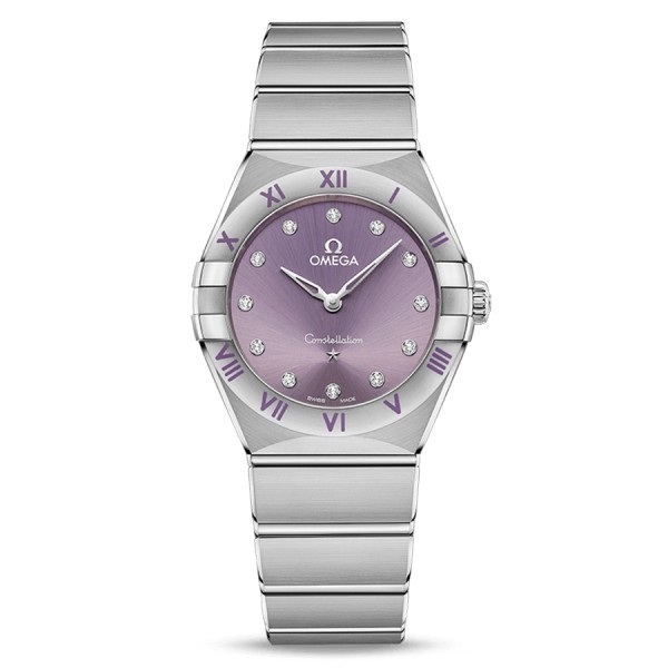 Montre Omega Constellation Quartz cadran violet index diamants bracelet acier 28 mm