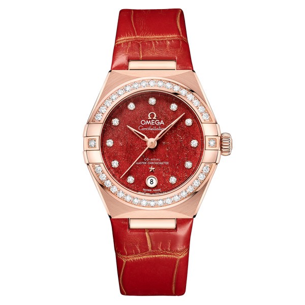 Montre Omega Constellation Aventurine Co-Axial Master Chronometer Or rose diamants cadran rouge bracelet cuir 29 mm