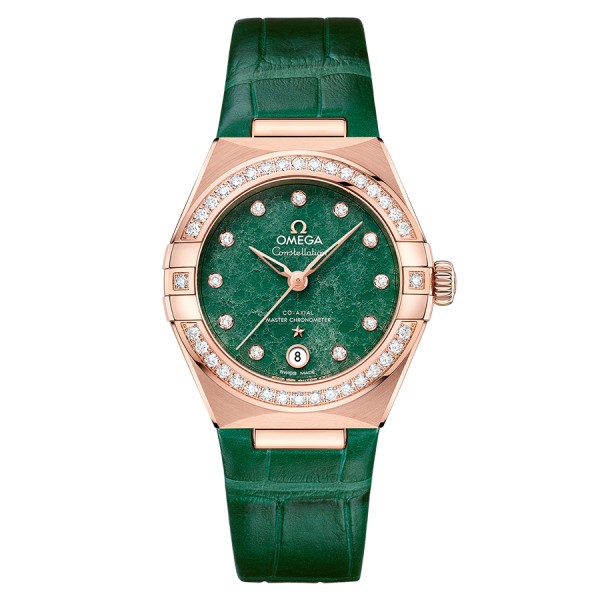Montre Omega Constellation Aventurine Co-Axial Master Chronometer Or rose diamants cadran vert bracelet cuir 29 mm