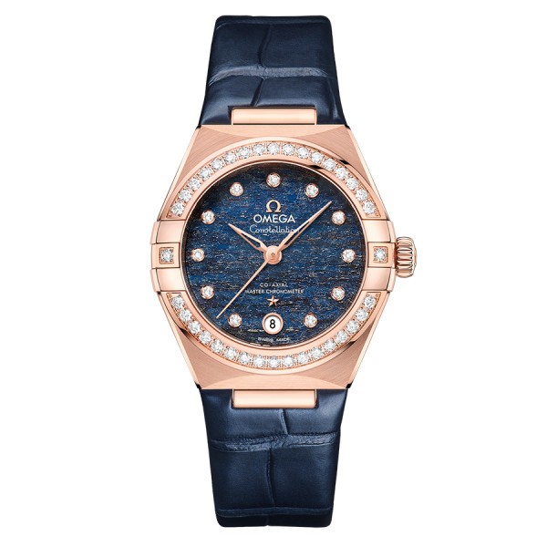 Montre Omega Constellation Aventurine Co-Axial Master Chronometer Or rose diamants cadran bleu bracelet cuir 29 mm
