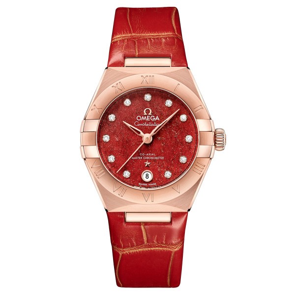 Montre Omega Constellation Aventurine Co-Axial Master Chronometer Or rose cadran rouge bracelet cuir 29 mm