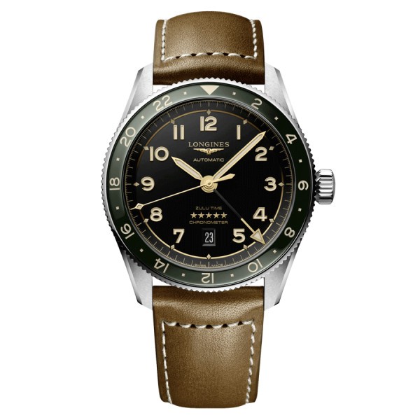Longines Spirit Zulu Time automatic watch anthracite dial brown leather strap 42 mm L3.812.4.63.2