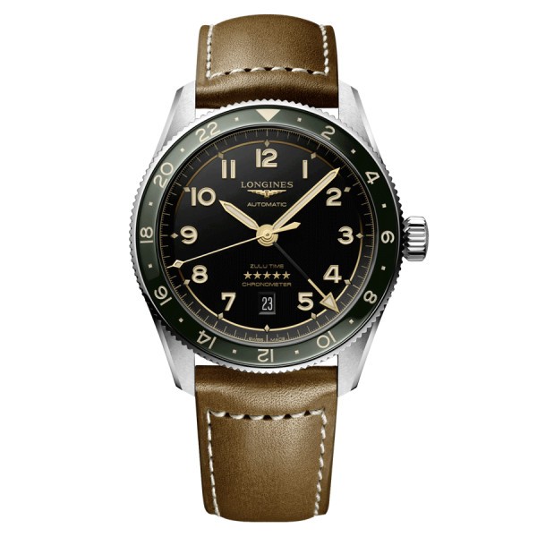 Montre Longines Spirit Zulu Time automatique cadran anthracite bracelet cuir marron 42 mm