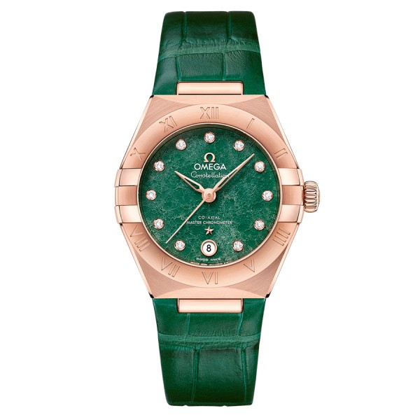 Omega Constellation Aventurine Co-Axial Master Chronometer Pink gold diamond watch Green dial Leather strap 29 mm