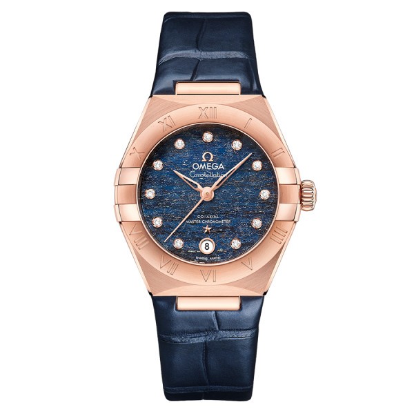 Montre Omega Constellation Aventurine Co-Axial Master Chronometer Or rose cadran bleu bracelet cuir 29 mm