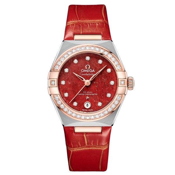 Montre Omega Constellation Aventurine Co-Axial Master Chronometer Or rose et acier diamants cadran rouge bracelet cuir 29 mm
