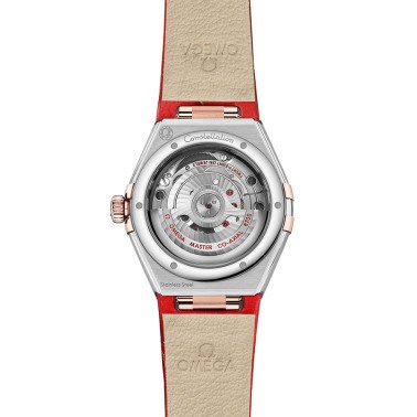 Montre Omega Constellation Aventurine Co-Axial Master Chronometer Or rose et acier diamants cadran rouge bracelet cuir 29 mm