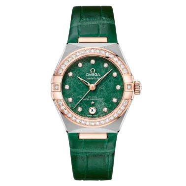 Montre Omega Constellation Aventurine Co-Axial Master Chronometer Or rose et acier diamants cadran vert bracelet cuir 29 mm