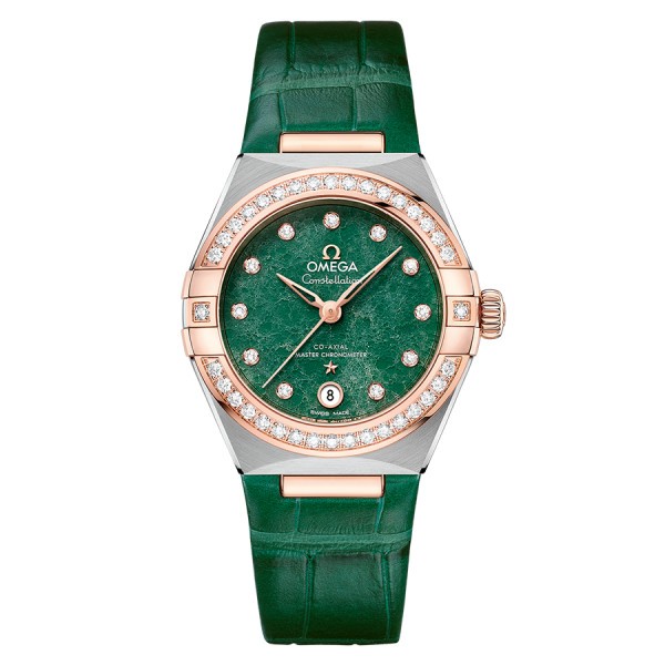 Montre Omega Constellation Aventurine Co-Axial Master Chronometer Or rose et acier diamants cadran vert bracelet cuir 29 mm