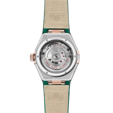 Montre Omega Constellation Aventurine Co-Axial Master Chronometer Or rose et acier diamants cadran vert bracelet cuir 29 mm