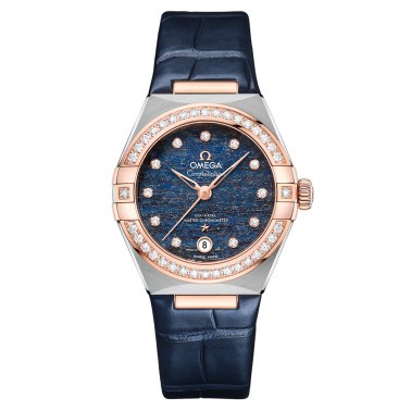 Montre Omega Constellation Aventurine Co-Axial Master Chronometer Or rose et acier diamants cadran bleu bracelet cuir 29 mm