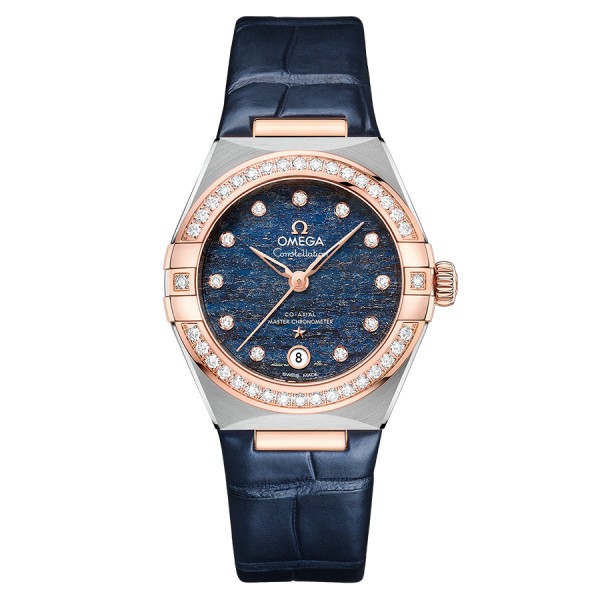 Montre Omega Constellation Aventurine Co-Axial Master Chronometer Or rose et acier diamants cadran bleu bracelet cuir 29 mm