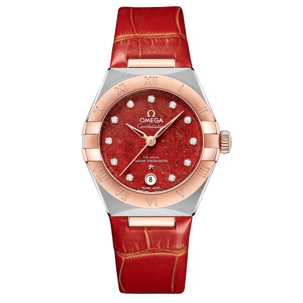 Montre Omega Constellation Aventurine Co-Axial Master Chronometer Or rose et acier cadran rouge bracelet cuir 29 mm