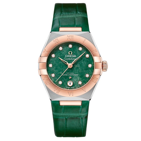 Omega Constellation Aventurine Co-Axial Master Chronometer Pink gold and steel watch Green dial Leather strap 29 mm