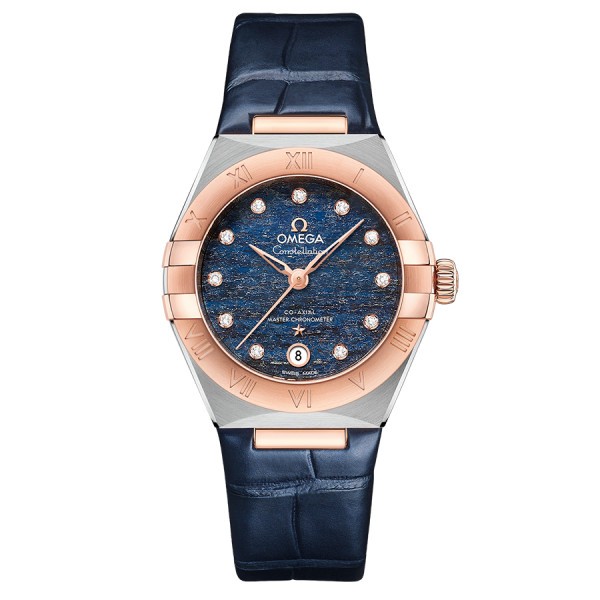 Montre Omega Constellation Aventurine Co-Axial Master Chronometer Or rose et acier cadran bleu bracelet cuir 29 mm