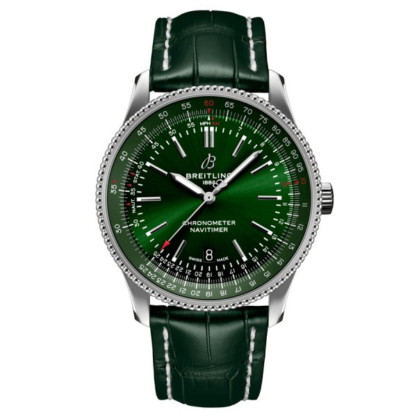 Montre Breitling Navitimer automatique cadran vert bracelet cuir vert boucle ardillon 41 mm