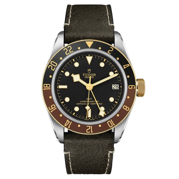 Tudor Black Bay GMT S&G automatic watch black dial brown leather strap 41 mm M79833MN-0003