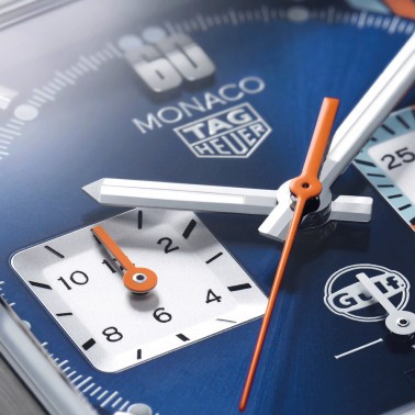 Montre TAG Heuer Monaco Gulf Edition Spéciale automatique cadran bleu bracelet cuir bleu 39 mm CBL2115.FC6494