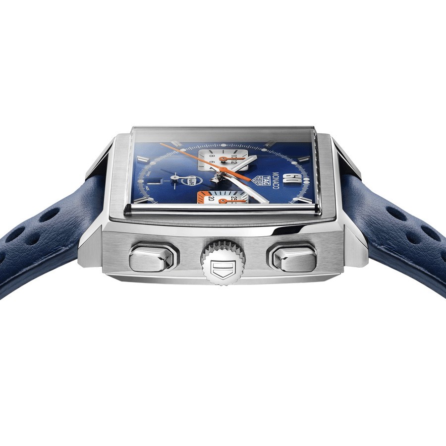 Montre TAG Heuer Monaco Gulf Edition Spéciale automatique cadran bleu bracelet cuir bleu 39 mm CBL2115.FC6494