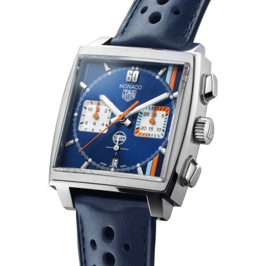 Montre TAG Heuer Monaco Gulf Edition Spéciale automatique cadran bleu bracelet cuir bleu 39 mm CBL2115.FC6494