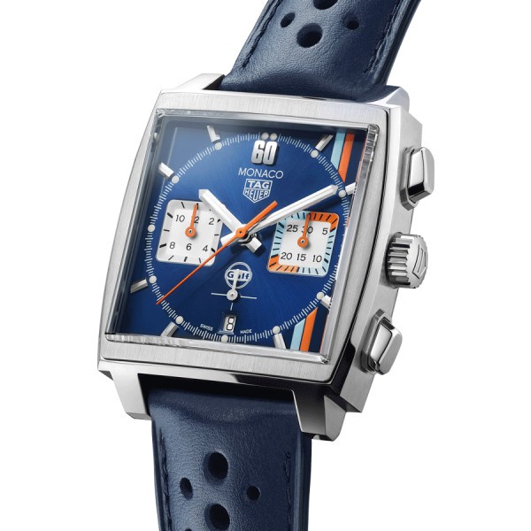 Montre TAG Heuer Monaco Gulf Edition Spéciale automatique cadran bleu bracelet cuir bleu 39 mm CBL2115.FC6494